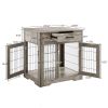 Furniture Style Dog Crate End Table with Drawer; Pet Kennels with Double Doors ; Dog House Indoor Use; (Grey; 29.92'w x 24.80' d x 30.71'h)